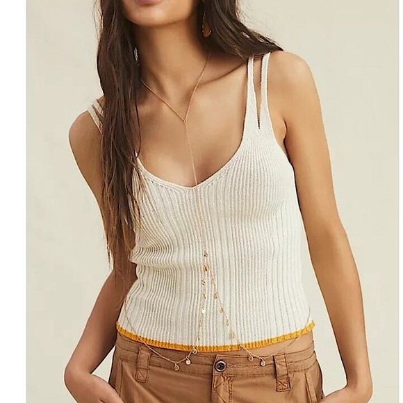 Anthropologie Pilcro Double Strap Ribbed Sweater Tank Size XS Cream/Dark Yellow - Picture 2 of 12